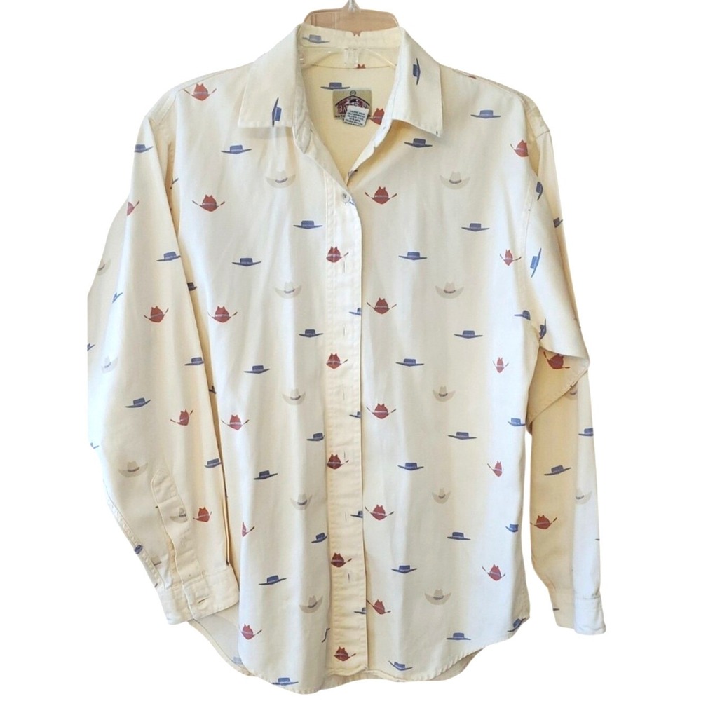 Barn Fly Womans Cream Button-Down Shirt with Blue and Rust Hat Print Size Small